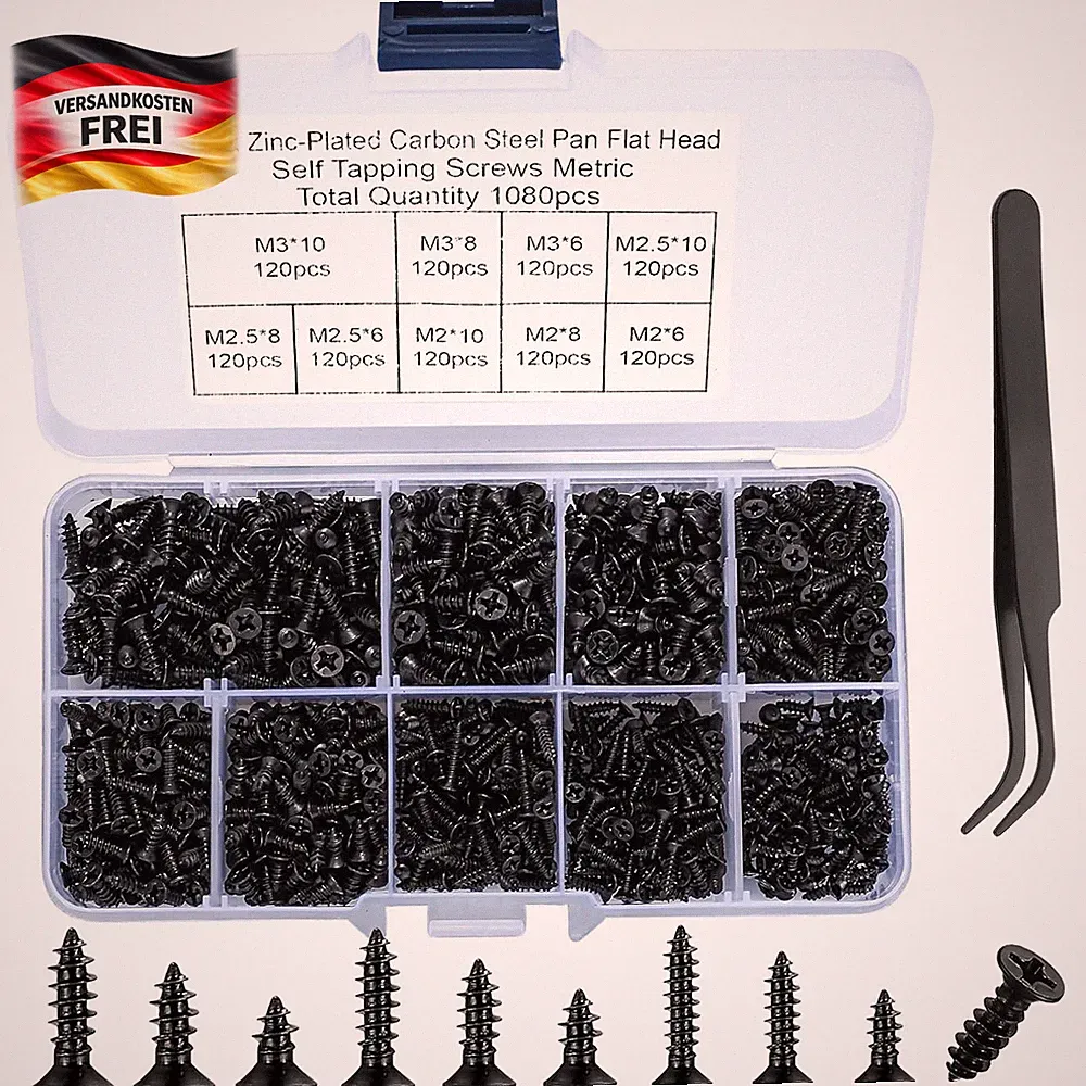 Selbstschneidende Holzschrauben 1080 Stück Set für Möbel Heimwerker, schwarz