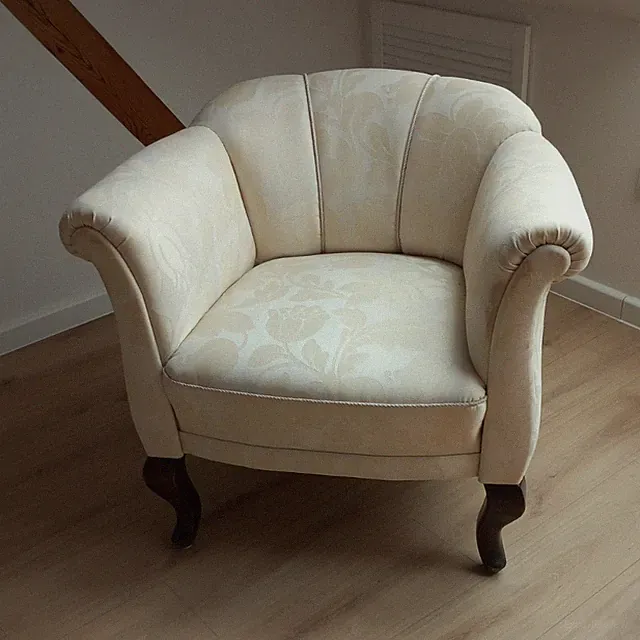 Sessel Beige klassisch Rundarm Baumwolle gemustert dunkelbraune Beine 80x75cm