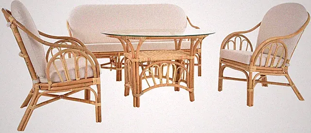 Set/4 Sitzgruppe Wintergarten Rattan-Garnitur (Natur, 4-teilig, Dreisitzer Bank)