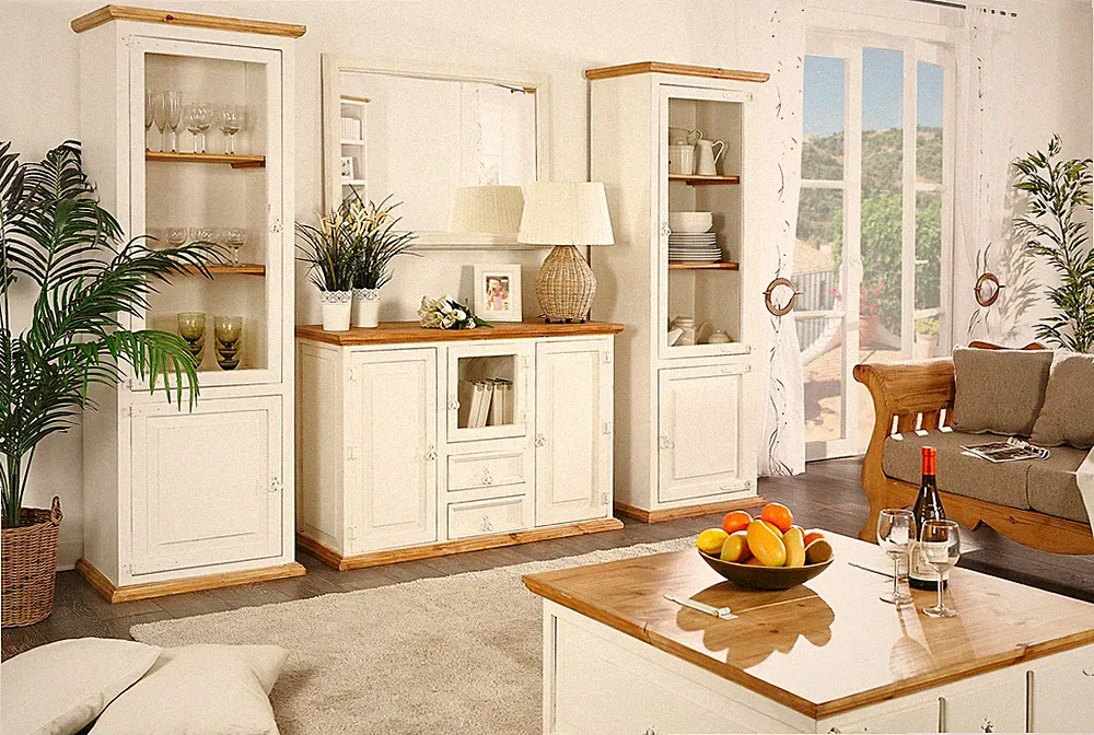 Set aus 2x Vitrine Schrank Vitrinenschrank, MEXICO WEISS, Pinie, Landhausmöbel