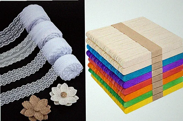 Set Aus 400 Bunten Holz-Eisstäbchen & 40M Spitzenband (4 Rollen) Mit 2 Spitzenbl