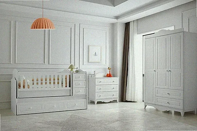 Set Bett Kleiderschrank Kommode Modernes Design Stilvolles Babyzimmer 3-teilig