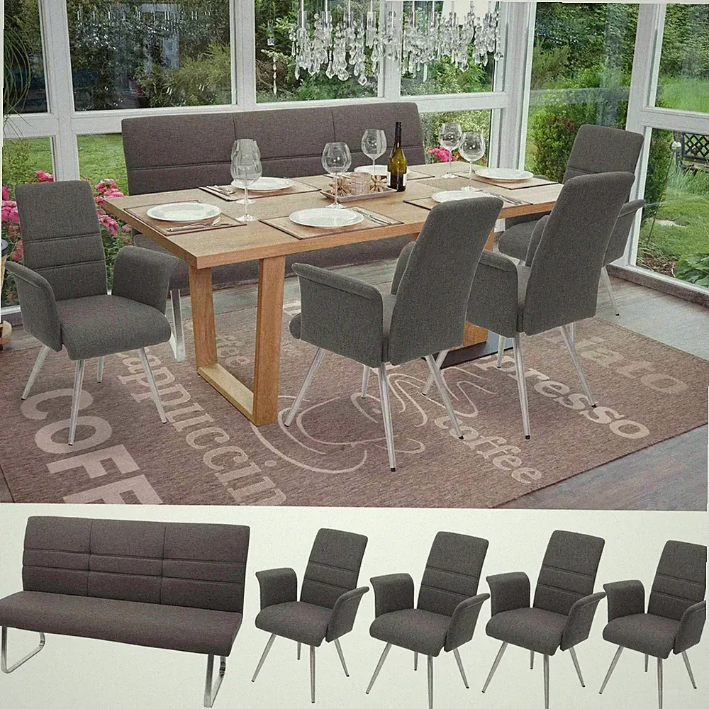 Set Esszimmerstuhl+Sitzbank HWC-G55, Stuhl Stoff Edelstahl gebürstet grau-braun