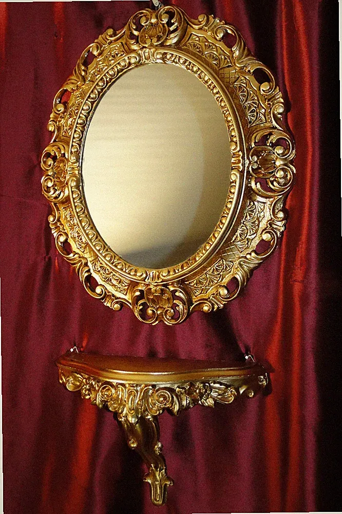 SET GOLD Wandspiegel + Konsole M OVAL Wandkonsole BAROCK Antik 44x38 Flur Möbel
