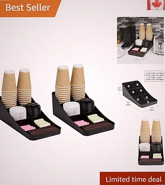 Set of 2 Black 7-Compartment Coffee Condiment Organizers for Stylish Storage