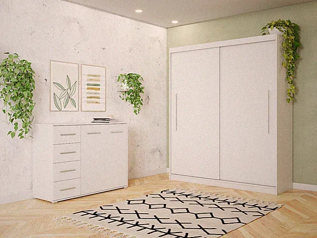Set Schwebetürenschrank TORINO II Kommode FRIDA 01 Weiß/Weiß