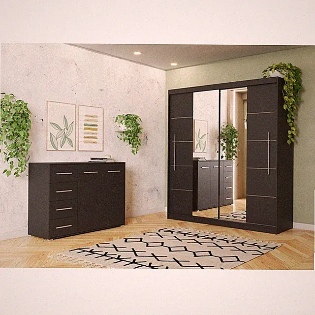 Set Schwebetürenschrank TORINO III Kommode FRIDA 01 Schwarz/Schwarz +Zierleisten