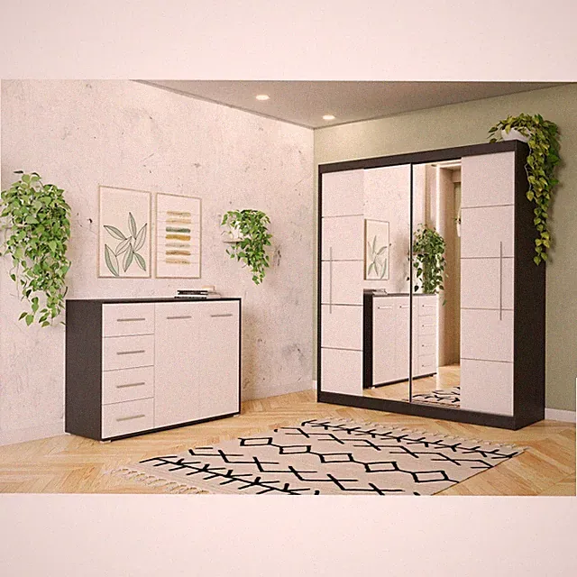 Set Schwebetürenschrank TORINO III Kommode FRIDA 01 Schwarz/Weiß + Zierleisten