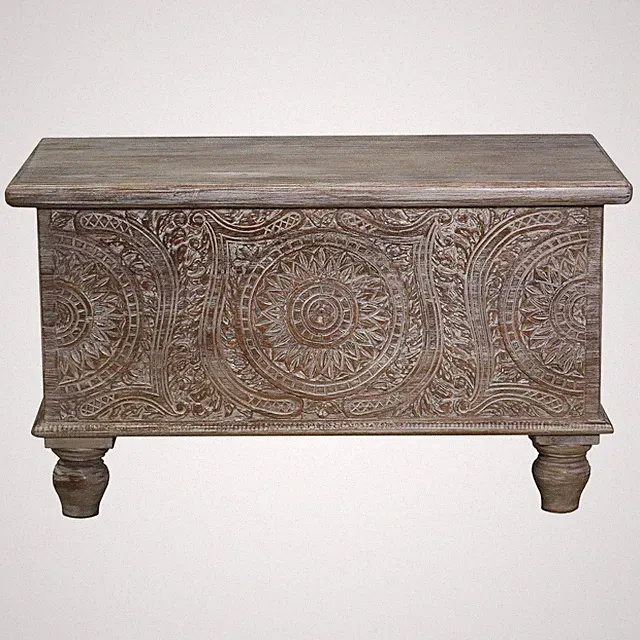 Shabby Chic Holztruhe Indische Truhe Schnitzerei Couchtisch braun weiß 80cm