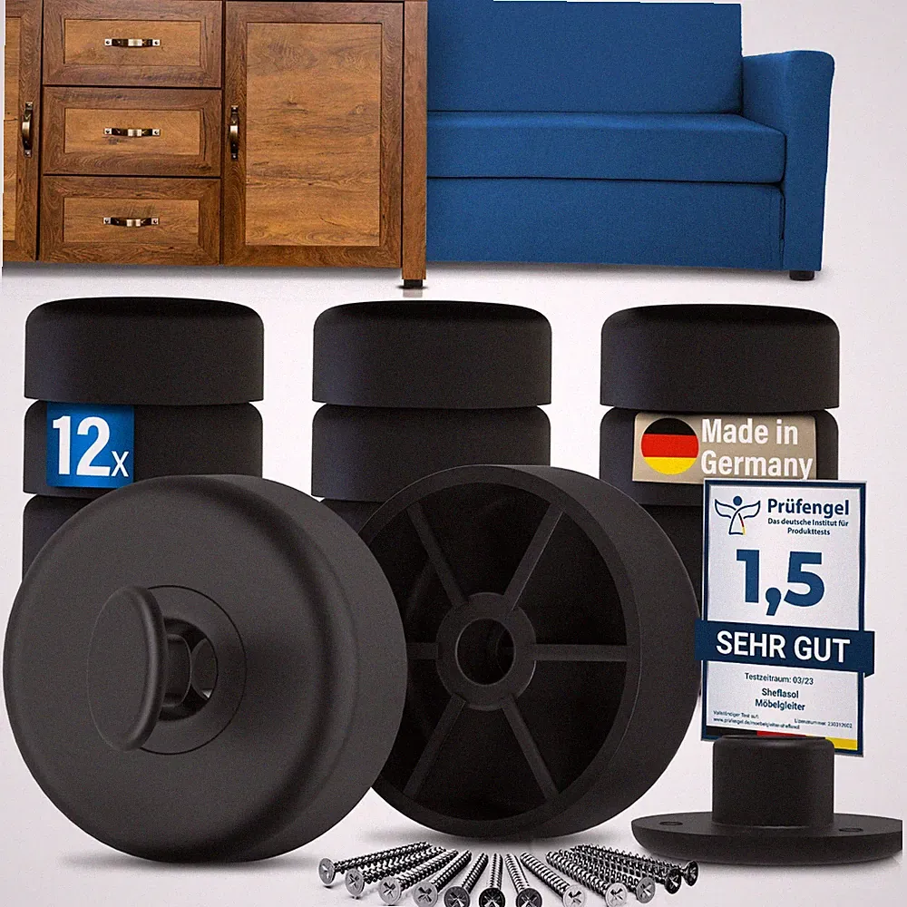 Sheflasol 12x Möbelgleiter Ø49mm Schwarz mit Schrauben 600kg Made in Germany