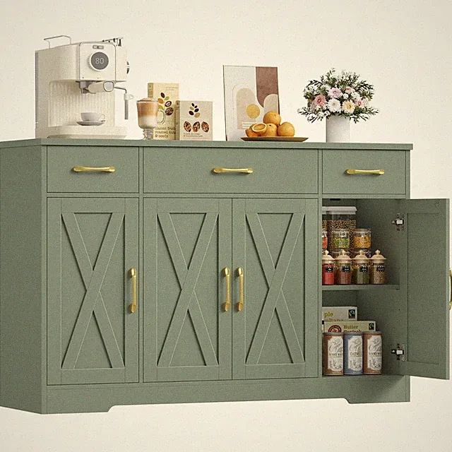 Sideboard, 140 cm Breit Küchenschrank mit 2 Verstellbaren Regalen, Buffetschrank