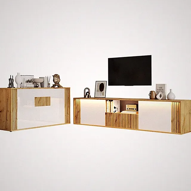 Sideboard 140cm LED RGB 4 Türen Hochglanz Weiß Eiche Wohnzimmer