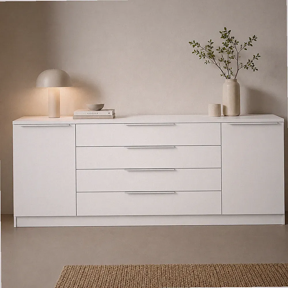 Sideboard 200 cm Weiß Hochglanz Kommode Schrank Anrichte Metallgriffe OLIVA