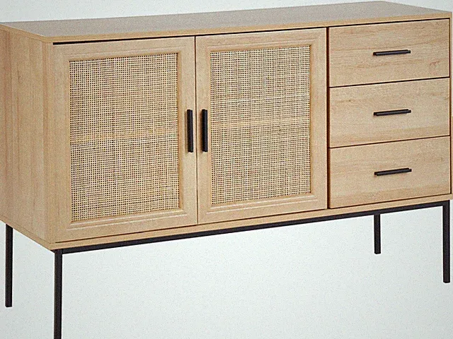 Sideboard 3 Rattan-Türen 3 Schubladen heller Holzfarbton Metallbeine Pasco