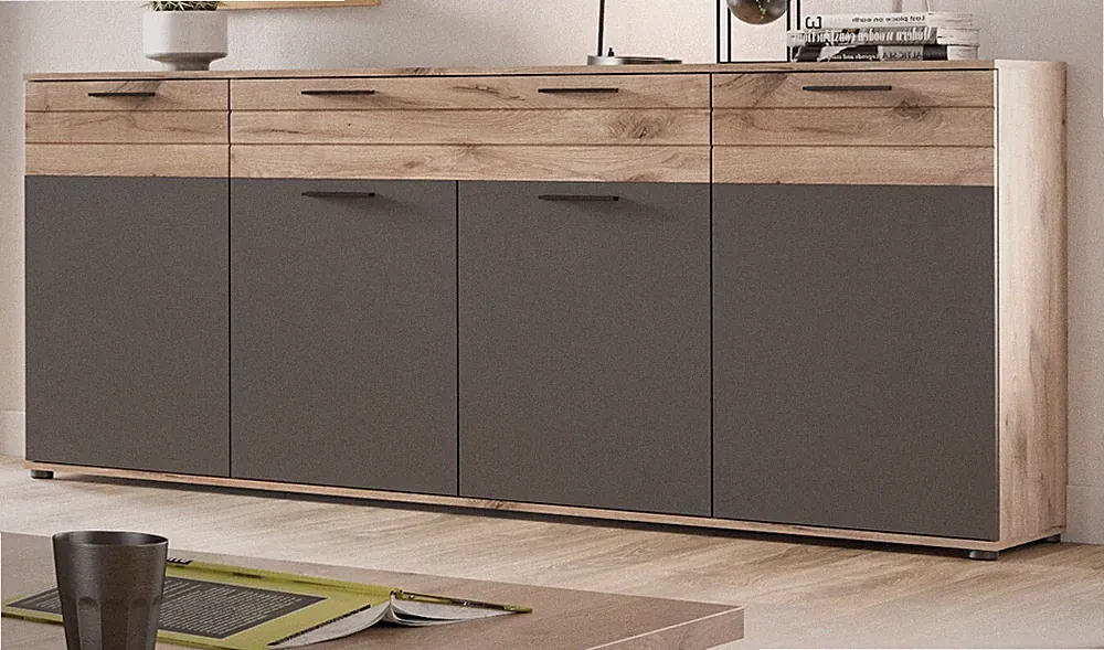 Sideboard Anrichte Eiche grau Kommode 200 x 91 cm Stauraum mit Soft-Close Tomaso