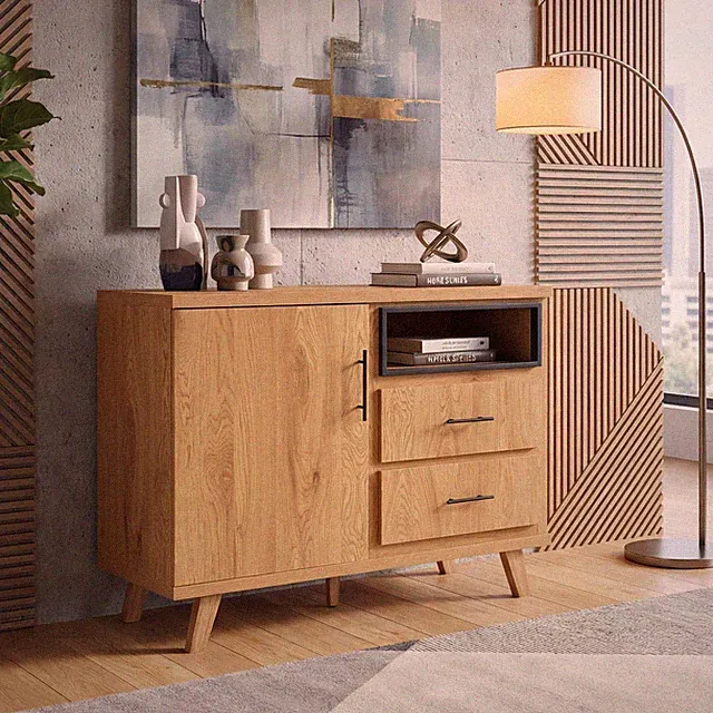 Sideboard Eiche Dekor 116cm Kommode Anrichte Standschrank mit Tür 2 Schubladen