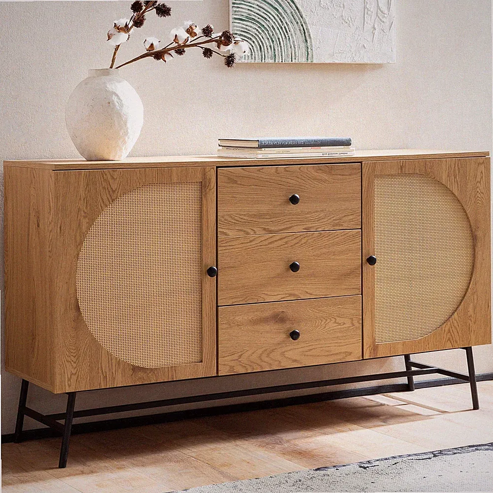 Sideboard FineBuy Anrichte 140 cm Kommode Kommodenschrank mit Türen Geflecht