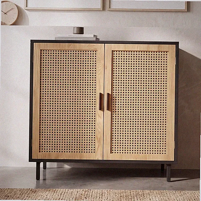Sideboard FineBuy Anrichte 80 cm Kommodenschrank Schwarz mit Wiener Geflecht