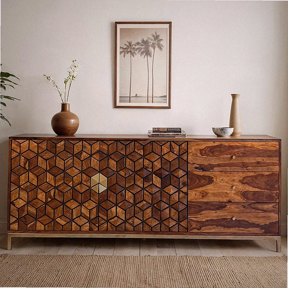 Sideboard FineBuy Anrichte Sheesham Massivholz 180 cm Kommode Türen Schubladen