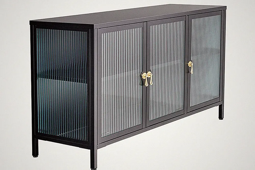 Sideboard Glas Metall 105 x 70cm Schwarz Gold 3 Türen Schrank Vitrine Wohnzimmer