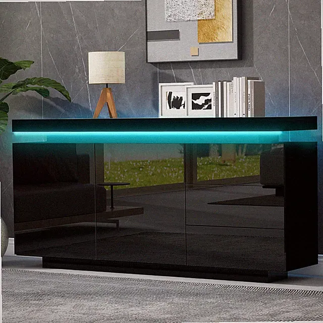 Sideboard Hochglanz Kommode 140cm mit 3 Schubladen 2-türig LED-Licht APP Control