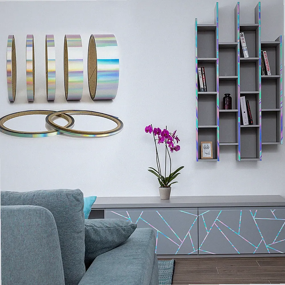 Sideboard Holo Folien Zierleiste Möbel Wände Dekoband 25mm Oilslick Silber