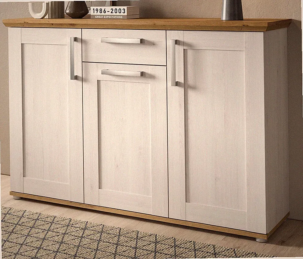 Sideboard in weiß Lärche und Eiche Artisan Landhaus Kommode 137 x 92 cm Mirano