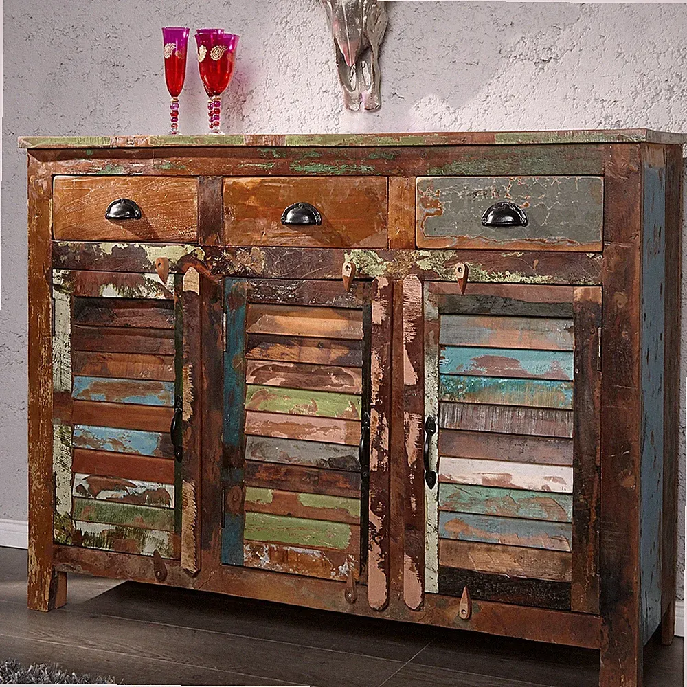 Sideboard JAKARTA Recycling Holz bunt 125cm Fischerbooten Kommode Schrank massiv