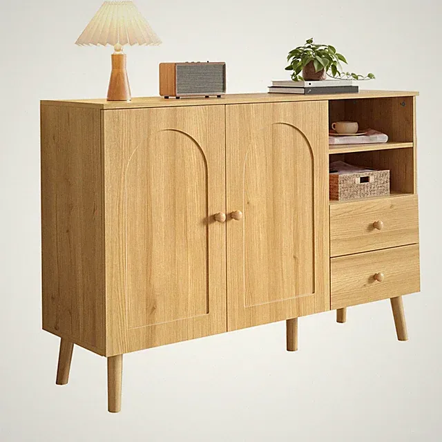 Sideboard Kommode 2 Schubladen 2 Türen gewölbte Holzgriffe Holzfüße 2offenem
