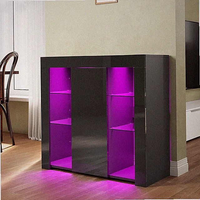 Sideboard Kommode Anrichte mit LED Aufbewahrungsschrank Schwarz Hochglanz 90cm