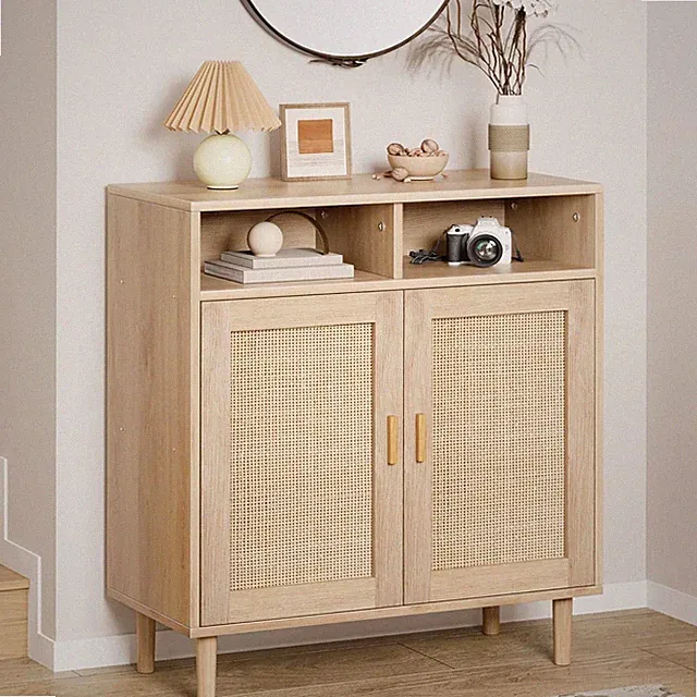 Sideboard Kommode Beistellschrank Nachttisch Küchenschrank mit 2 Rattan Türen