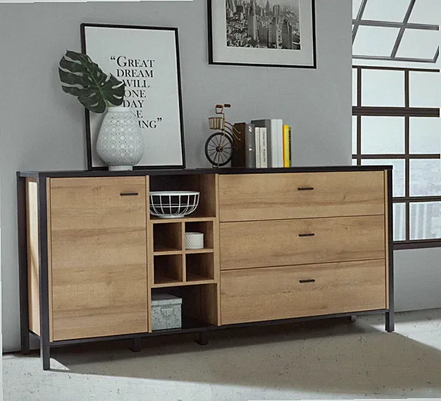 Sideboard Kommode HIGH ROCK 186 cm Riviera Eiche Optik /Schwarz, Forte