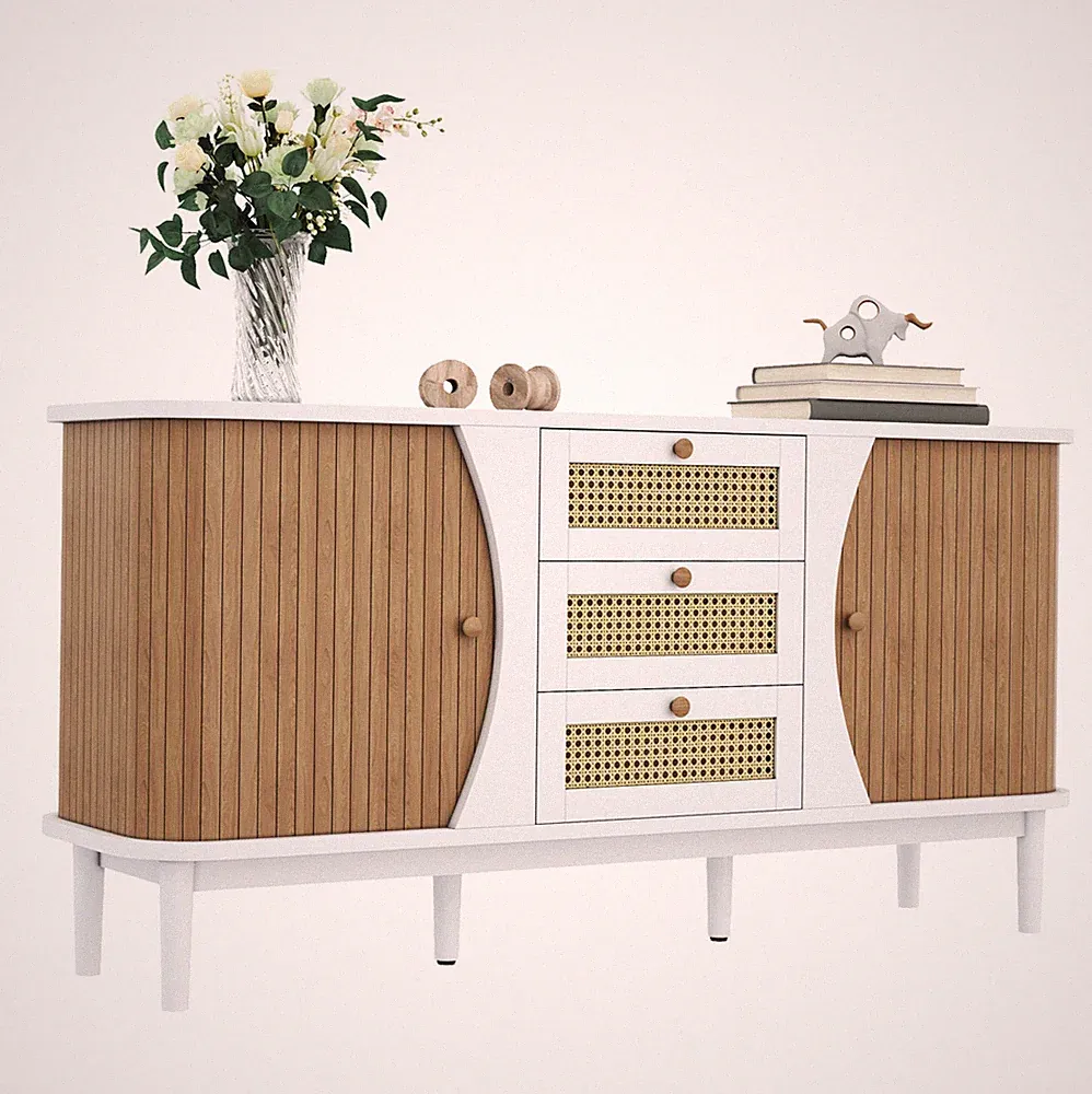 Sideboard Kommode Holz Schrank mit Schiebetüren Rattan Schubladen runder platte