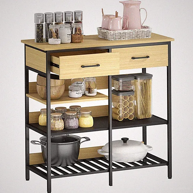 Sideboard, Kommode mit 2 Schubladen, 3 offenen Regalen Küchenschrank Naturholz