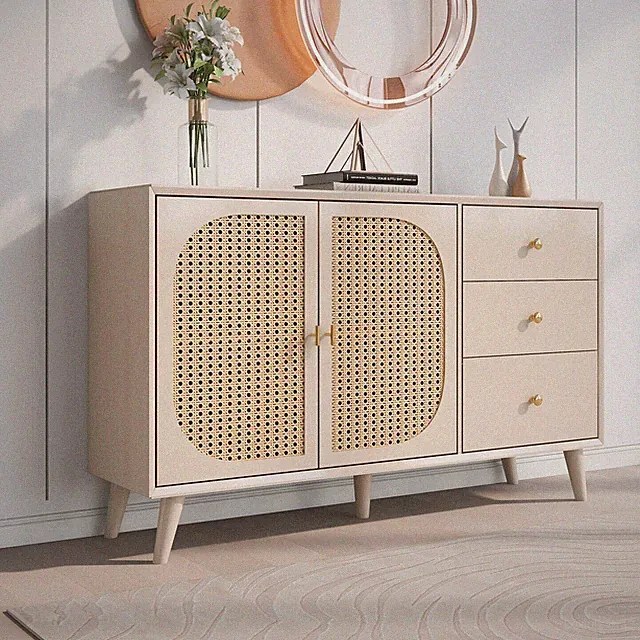 Sideboard Kommode mit 3 Schubladen und Rattantüren Schubladenschrank Highboard