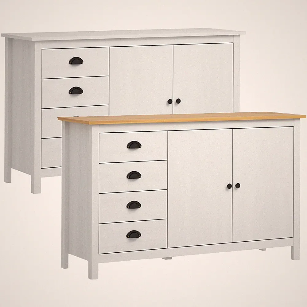Sideboard Kommode Mit 4 Schubladen und 2 Türen Seitenschrank Weiß Massivholz DE