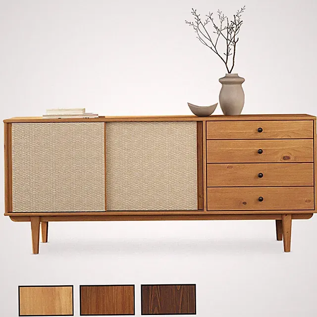 Sideboard Kommode mit Rattan, Schiebetüren und 4 Schubladen
