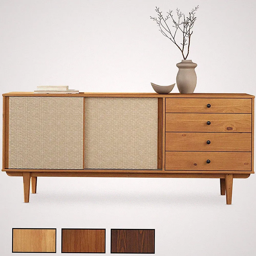 Sideboard Kommode mit Rattan, Schiebetüren und 4 Schubladen