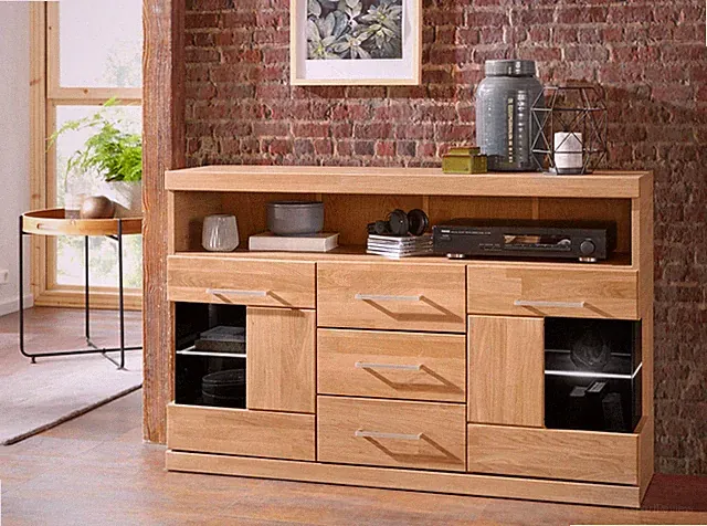 Sideboard Kommode Ribe Eiche Teilmassiv B.125cm Glaseinsatz HOME AFFAIRE