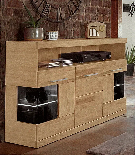 Sideboard Kommode Ribe Eiche Teilmassiv B.130cm Glaseinsatz HOME AFFAIRE