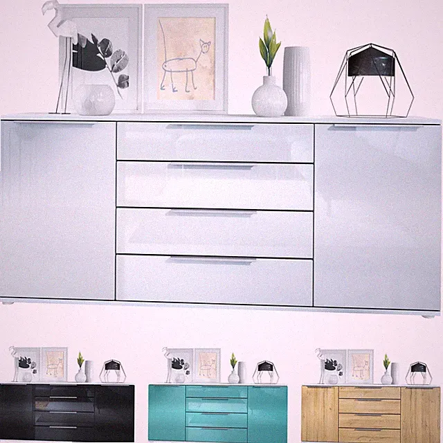 Sideboard Kommode Schrank Linio V2 Anrichte mit 2 Türen & Schubladen Weiß matt