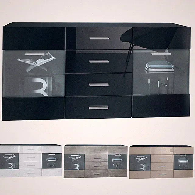 Sideboard Kommode Vitrine Schrank Anrichte Bari V1 Schwarz, Hochglanz, Naturtöne
