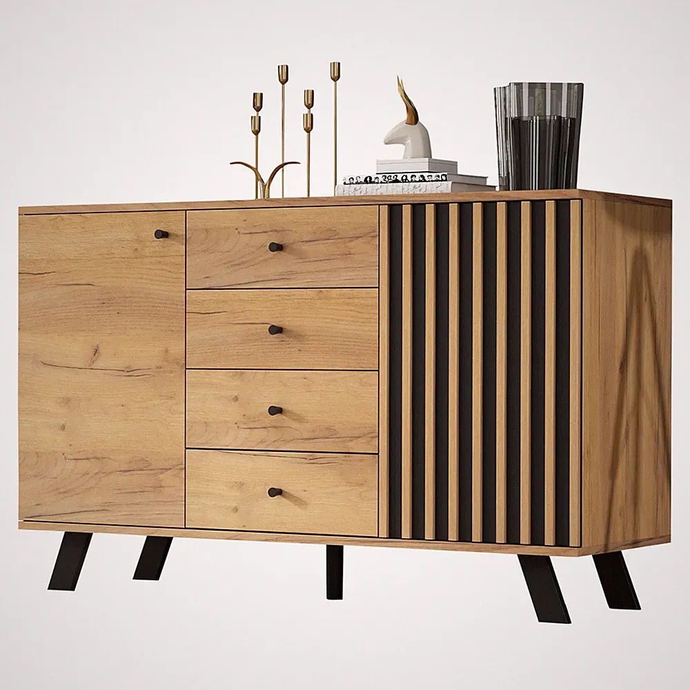 Sideboard Kontrastfarbe Kommode mit 4 Schubladen, 4 Fächern, Massiveholzfüßen