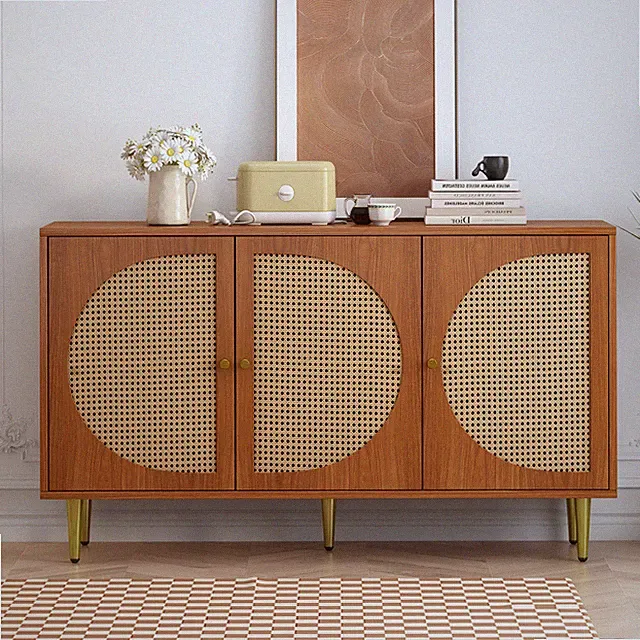 Sideboard Küchenschrank Aufbewahrungsschrank mit 3 rattan Türen 130*40*76cm