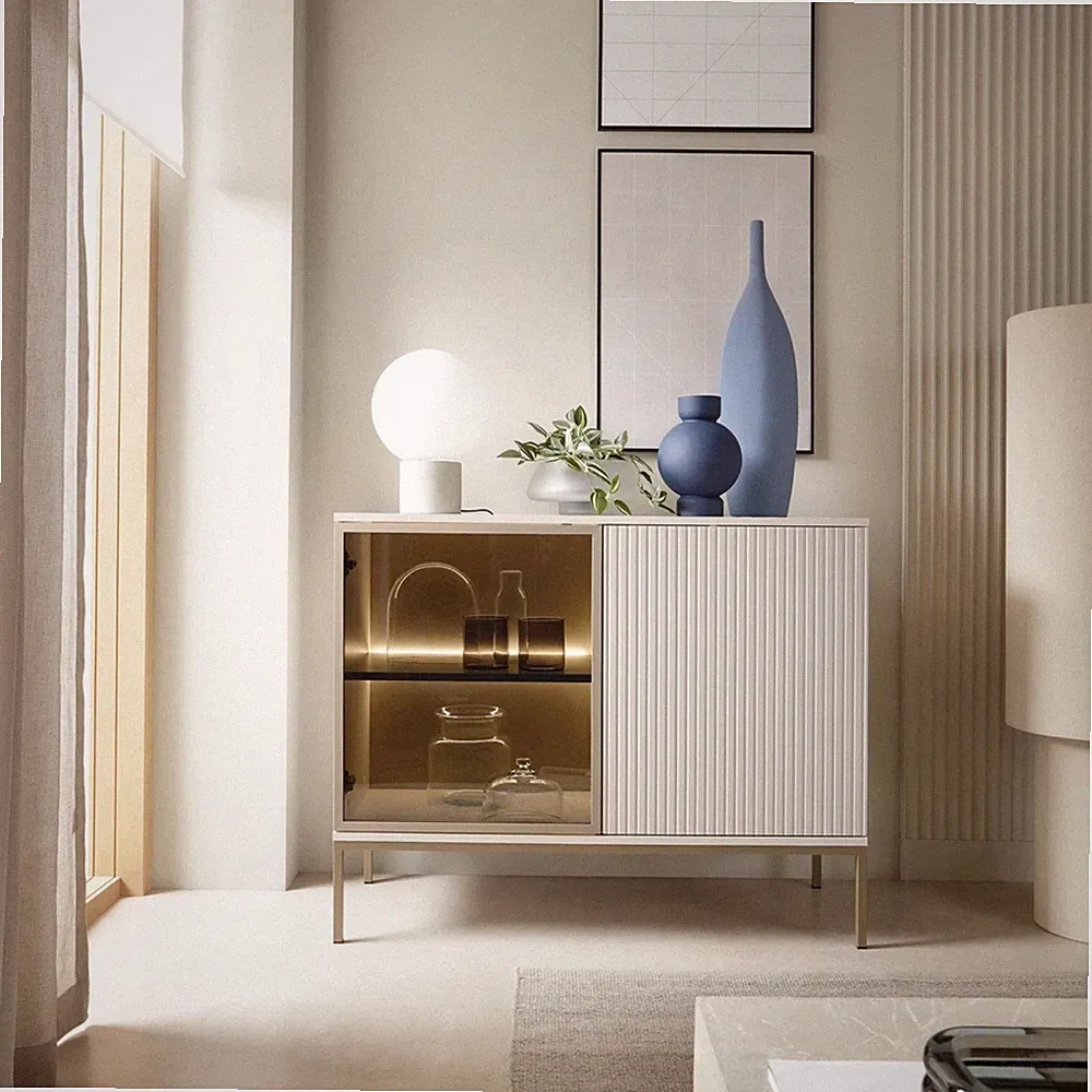 Sideboard Lagos Kommode mit LED Glasfront Metallfüße Push-to-Open Modern
