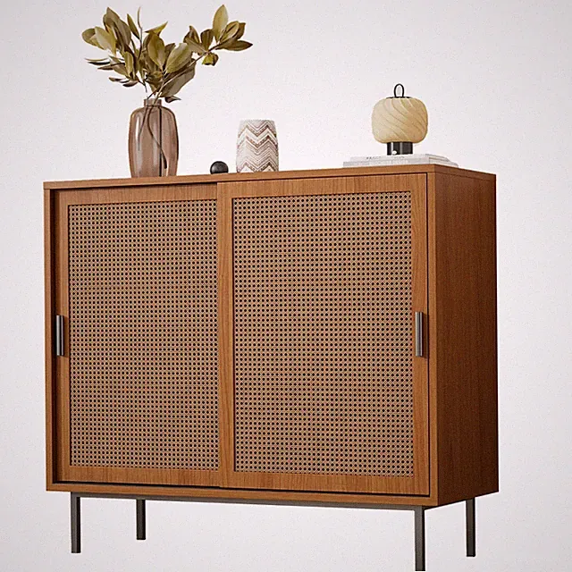Sideboard Landhausstil Flurschrank mit 2 Rattan-Schiebetüren, 6 Staufächern