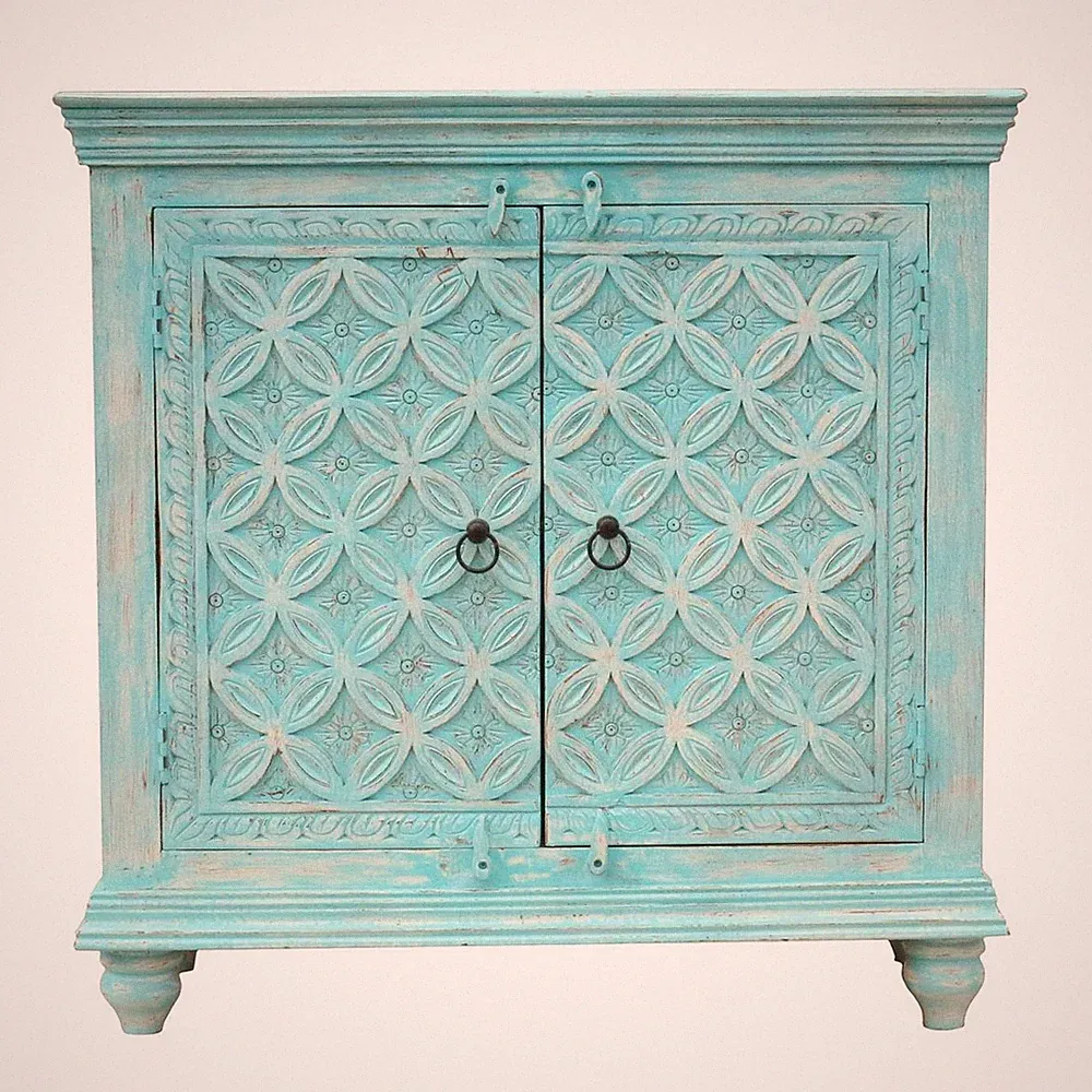 Sideboard Mayuri Indische Kommode Schnitzerei Oriental Schlafzimmer Türkis 90cm