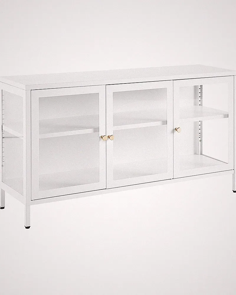 Sideboard Metall weiß mit Vitrine 3 Glastüren hohe Beine Griffe gold Newport