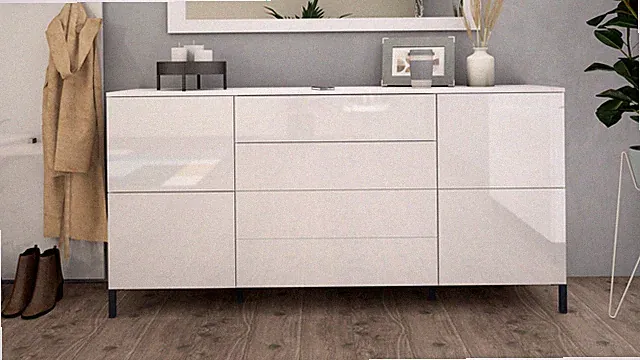 Sideboard Metallfüße Kommode Schrank Weiß Hochglanz 166 cm 4 Türen Modern HAAMA