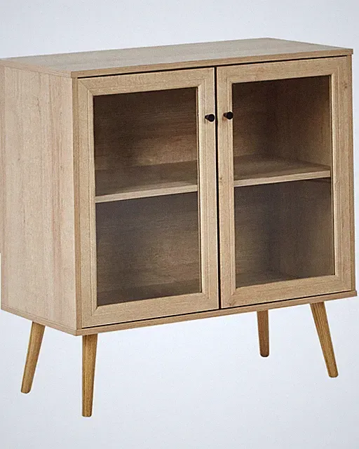 Sideboard mit 2 Türen und 1 Regal Spanplatte Kiefernholzbeine Glasfront